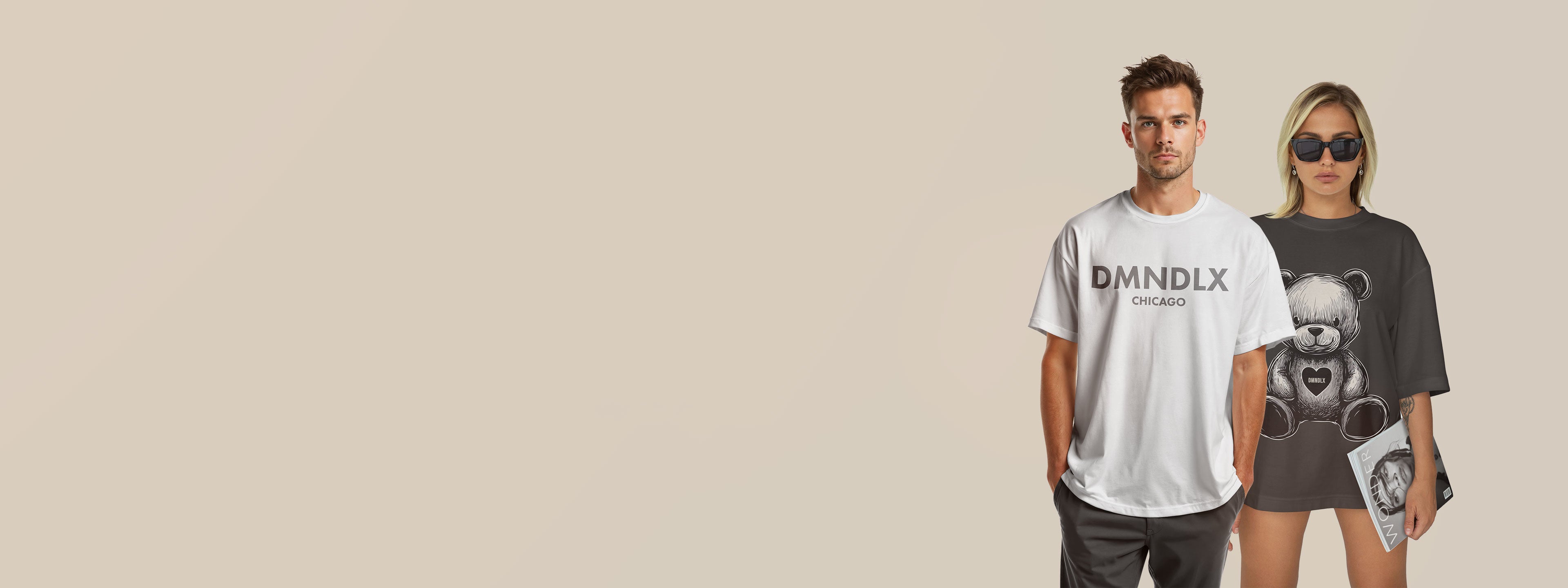 Models wearing DMNDLX Chicago t-shirts from Diamond Luxe Co., a crypto clothing brand blending luxury streetwear with digital culture.