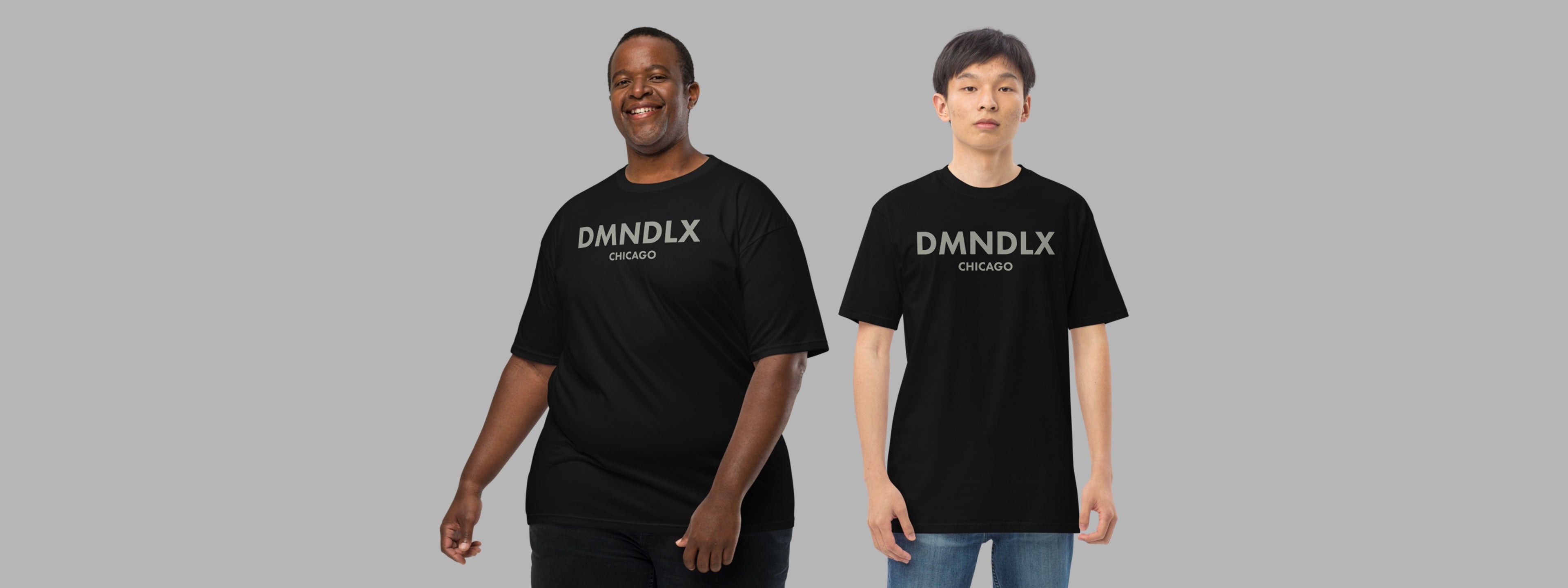 Two men modeling black DMNDLX Chicago t-shirts from Diamond Luxe Co., a modern crypto clothing brand focused on inclusive sizing and minimalist streetwear.